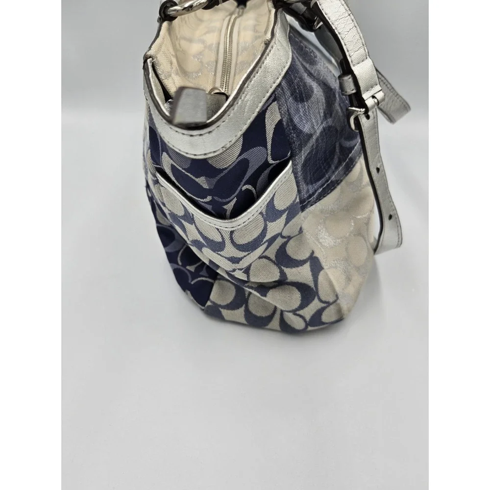 Coach Patchwork Signature Canvas Tote Bag/Purse Blue Cream Silver Buckle Straps - Picture 4 of 16